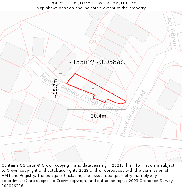 1, POPPY FIELDS, BRYMBO, WREXHAM, LL11 5AJ: Plot and title map