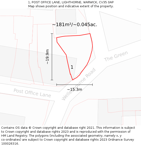 1, POST OFFICE LANE, LIGHTHORNE, WARWICK, CV35 0AP: Plot and title map