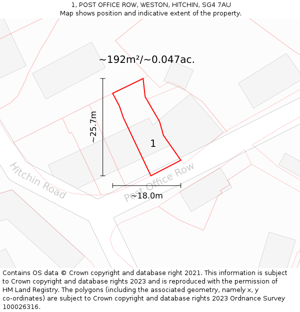 1, POST OFFICE ROW, WESTON, HITCHIN, SG4 7AU: Plot and title map