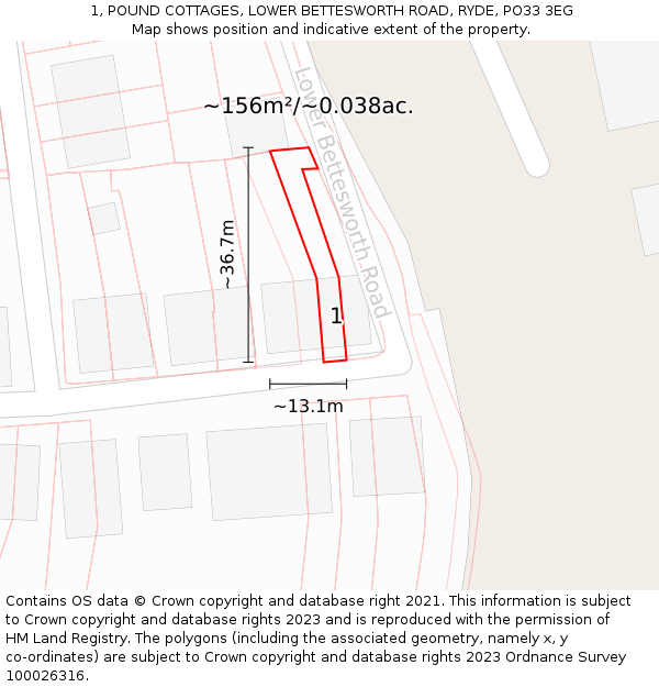 1, POUND COTTAGES, LOWER BETTESWORTH ROAD, RYDE, PO33 3EG: Plot and title map