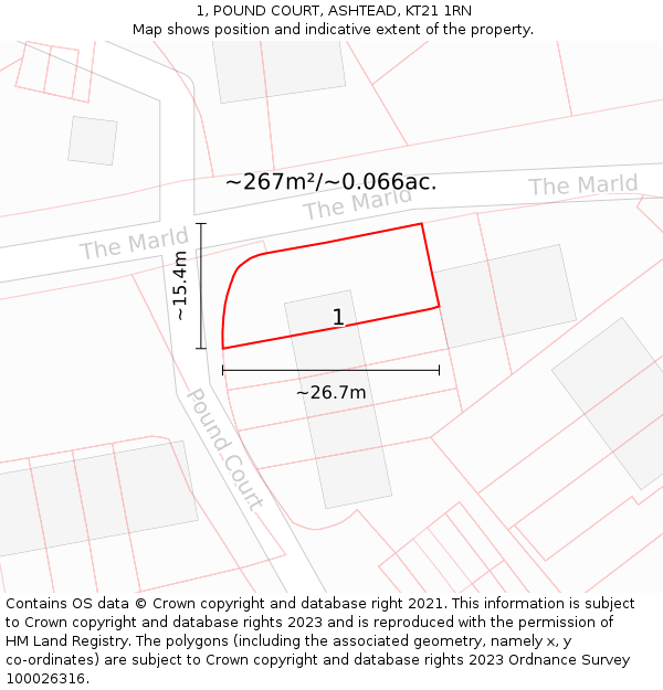 1, POUND COURT, ASHTEAD, KT21 1RN: Plot and title map