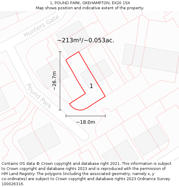 1, POUND PARK, OKEHAMPTON, EX20 1SX: Plot and title map