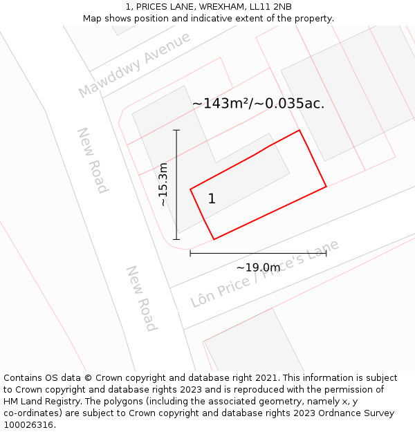 1, PRICES LANE, WREXHAM, LL11 2NB: Plot and title map