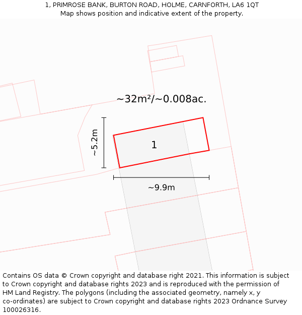 1, PRIMROSE BANK, BURTON ROAD, HOLME, CARNFORTH, LA6 1QT: Plot and title map