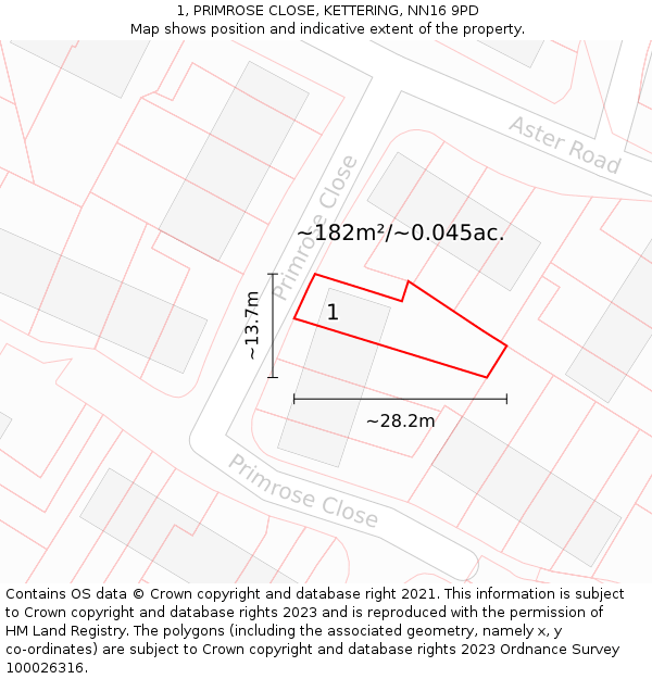 1, PRIMROSE CLOSE, KETTERING, NN16 9PD: Plot and title map