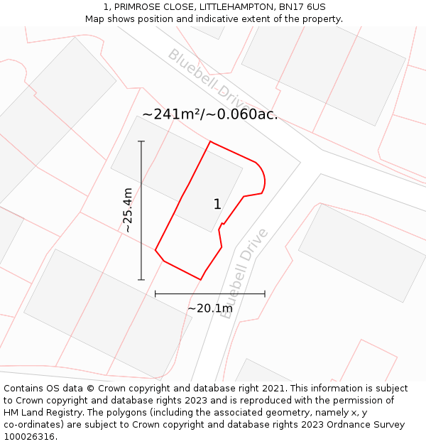 1, PRIMROSE CLOSE, LITTLEHAMPTON, BN17 6US: Plot and title map