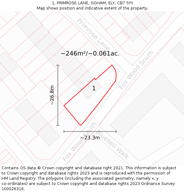 1, PRIMROSE LANE, SOHAM, ELY, CB7 5YY: Plot and title map