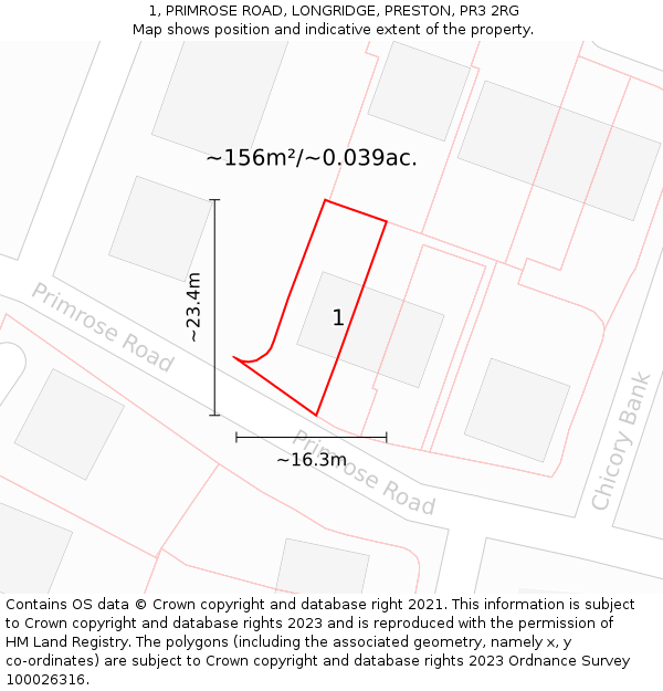 1, PRIMROSE ROAD, LONGRIDGE, PRESTON, PR3 2RG: Plot and title map