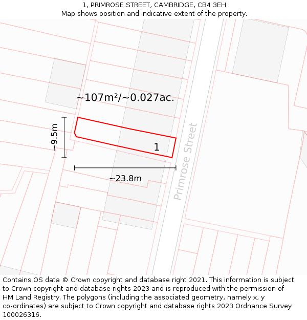 1, PRIMROSE STREET, CAMBRIDGE, CB4 3EH: Plot and title map