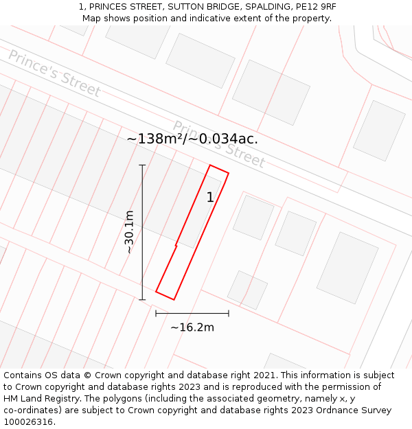 1, PRINCES STREET, SUTTON BRIDGE, SPALDING, PE12 9RF: Plot and title map