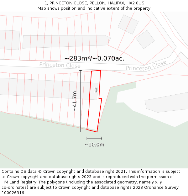 1, PRINCETON CLOSE, PELLON, HALIFAX, HX2 0US: Plot and title map