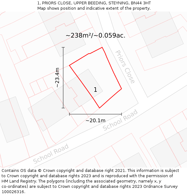1, PRIORS CLOSE, UPPER BEEDING, STEYNING, BN44 3HT: Plot and title map