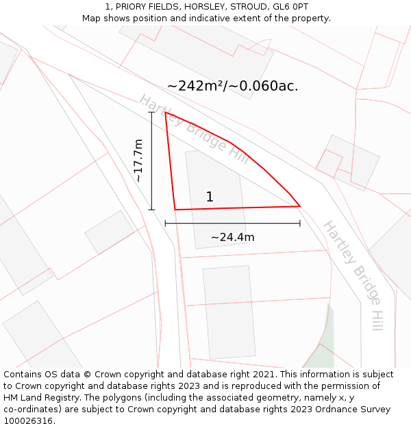 1, PRIORY FIELDS, HORSLEY, STROUD, GL6 0PT: Plot and title map