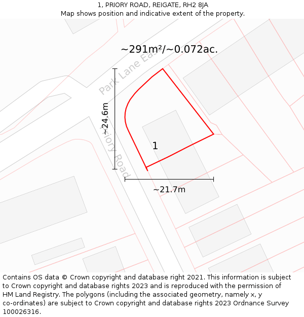 1, PRIORY ROAD, REIGATE, RH2 8JA: Plot and title map