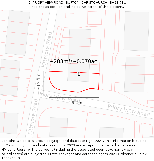 1, PRIORY VIEW ROAD, BURTON, CHRISTCHURCH, BH23 7EU: Plot and title map