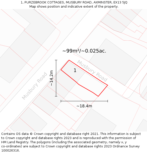 1, PURZEBROOK COTTAGES, MUSBURY ROAD, AXMINSTER, EX13 5JQ: Plot and title map
