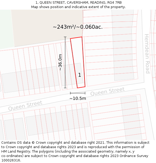 1, QUEEN STREET, CAVERSHAM, READING, RG4 7RB: Plot and title map