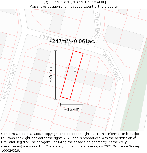 1, QUEENS CLOSE, STANSTED, CM24 8EJ: Plot and title map