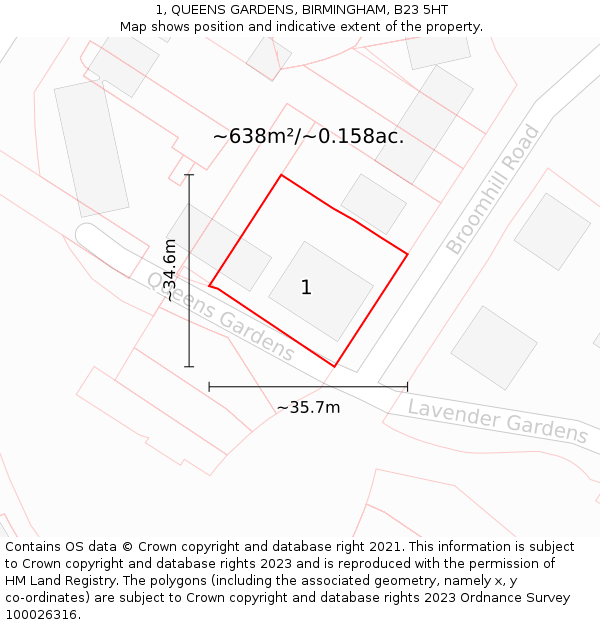 1, QUEENS GARDENS, BIRMINGHAM, B23 5HT: Plot and title map