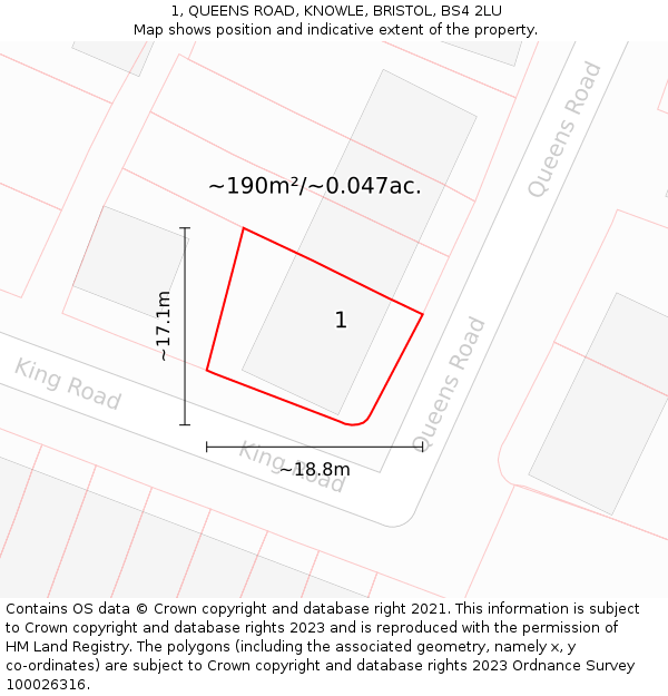 1, QUEENS ROAD, KNOWLE, BRISTOL, BS4 2LU: Plot and title map