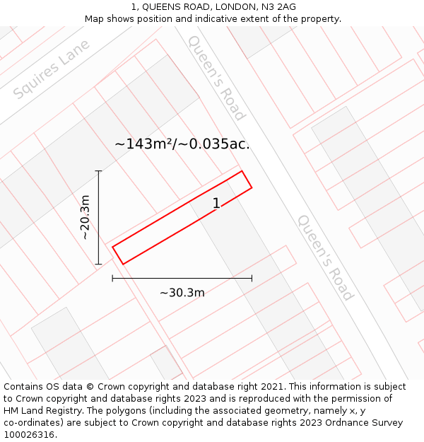 1, QUEENS ROAD, LONDON, N3 2AG: Plot and title map