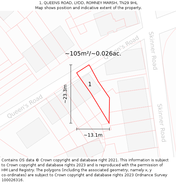 1, QUEENS ROAD, LYDD, ROMNEY MARSH, TN29 9HL: Plot and title map