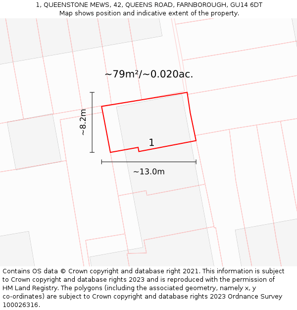1, QUEENSTONE MEWS, 42, QUEENS ROAD, FARNBOROUGH, GU14 6DT: Plot and title map