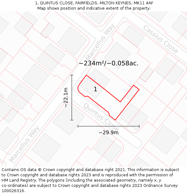 1, QUINTUS CLOSE, FAIRFIELDS, MILTON KEYNES, MK11 4AF: Plot and title map
