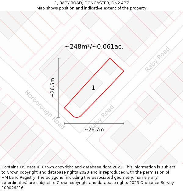 1, RABY ROAD, DONCASTER, DN2 4BZ: Plot and title map