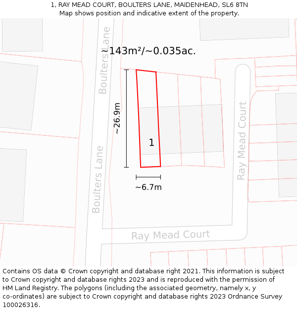 1, RAY MEAD COURT, BOULTERS LANE, MAIDENHEAD, SL6 8TN: Plot and title map