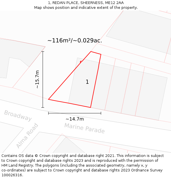 1, REDAN PLACE, SHEERNESS, ME12 2AA: Plot and title map