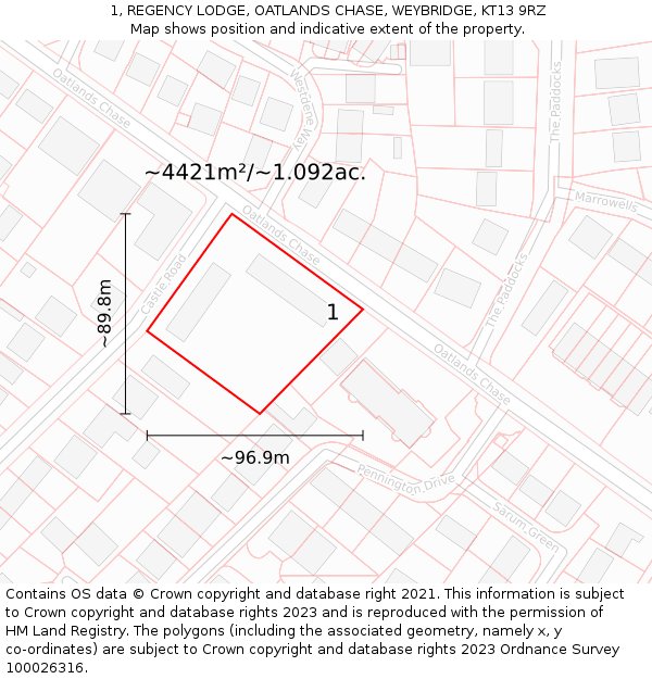 1, REGENCY LODGE, OATLANDS CHASE, WEYBRIDGE, KT13 9RZ: Plot and title map
