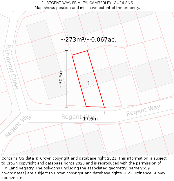 1, REGENT WAY, FRIMLEY, CAMBERLEY, GU16 8NS: Plot and title map