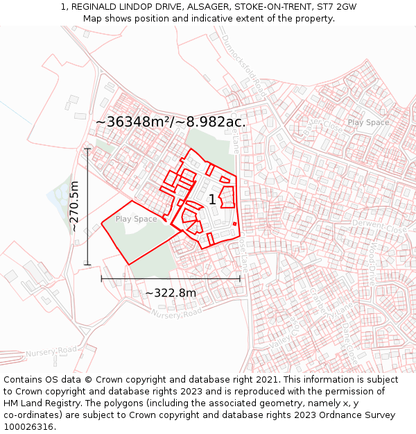 1, REGINALD LINDOP DRIVE, ALSAGER, STOKE-ON-TRENT, ST7 2GW: Plot and title map