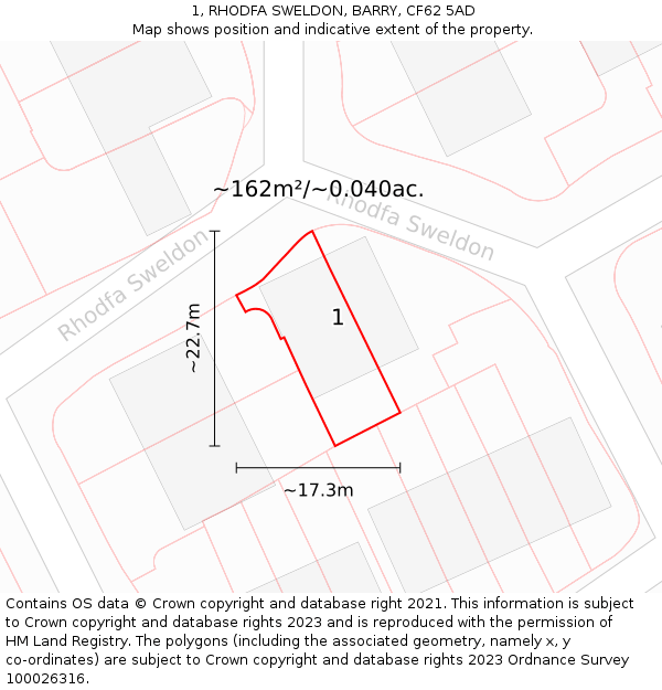 1, RHODFA SWELDON, BARRY, CF62 5AD: Plot and title map