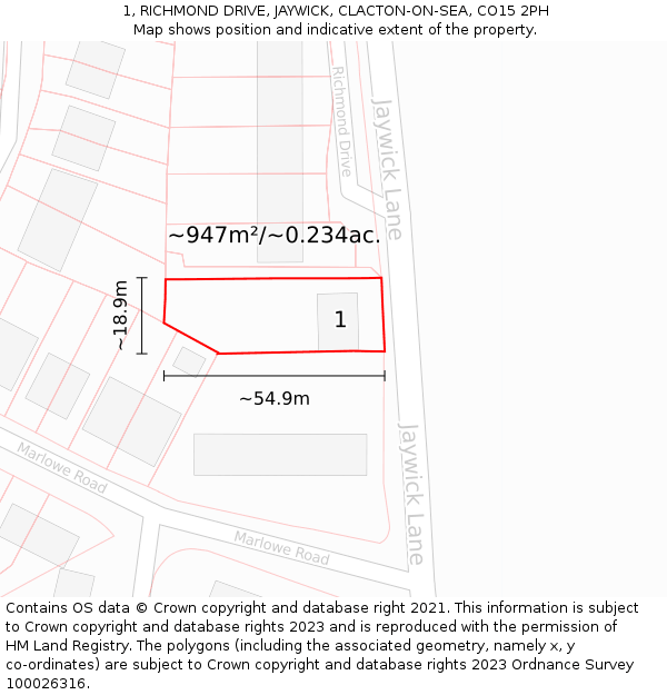 1, RICHMOND DRIVE, JAYWICK, CLACTON-ON-SEA, CO15 2PH: Plot and title map