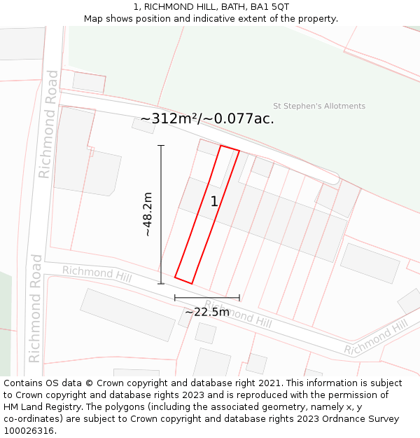 1, RICHMOND HILL, BATH, BA1 5QT: Plot and title map