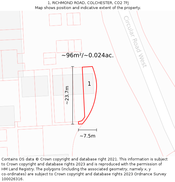 1, RICHMOND ROAD, COLCHESTER, CO2 7FJ: Plot and title map