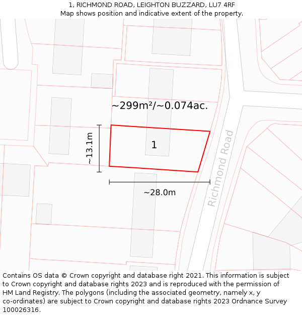 1, RICHMOND ROAD, LEIGHTON BUZZARD, LU7 4RF: Plot and title map