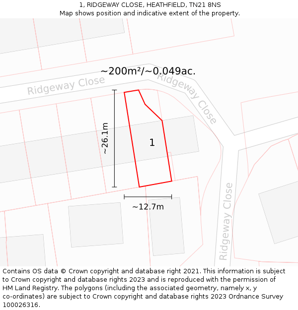 1, RIDGEWAY CLOSE, HEATHFIELD, TN21 8NS: Plot and title map