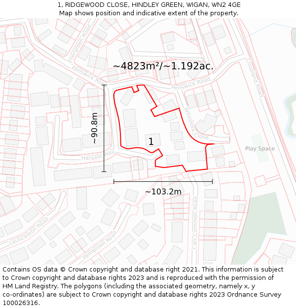 1, RIDGEWOOD CLOSE, HINDLEY GREEN, WIGAN, WN2 4GE: Plot and title map