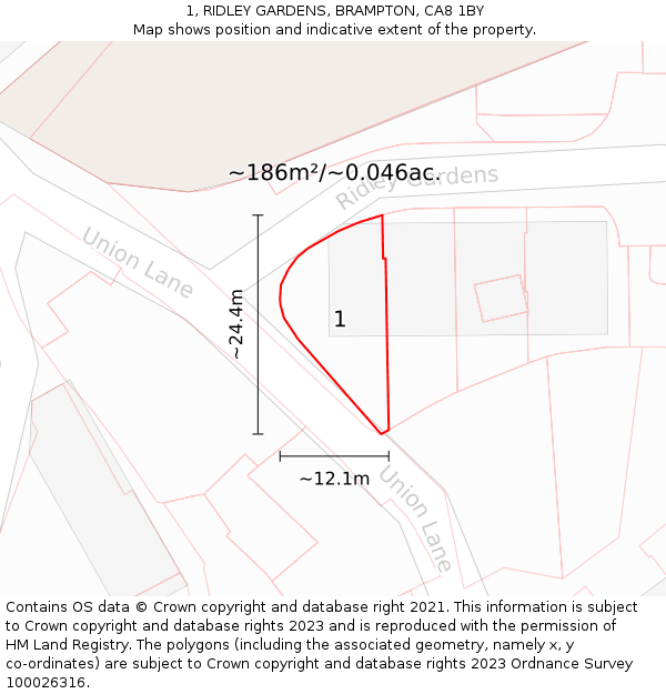 1, RIDLEY GARDENS, BRAMPTON, CA8 1BY: Plot and title map