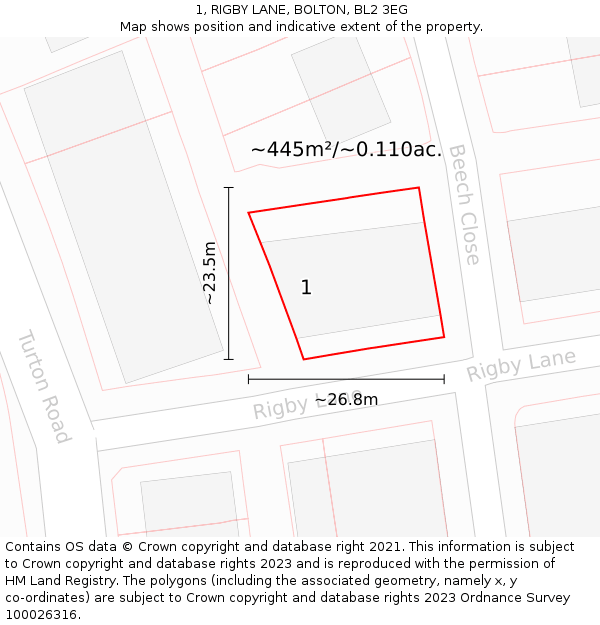 1, RIGBY LANE, BOLTON, BL2 3EG: Plot and title map