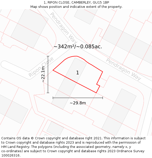 1, RIPON CLOSE, CAMBERLEY, GU15 1BP: Plot and title map
