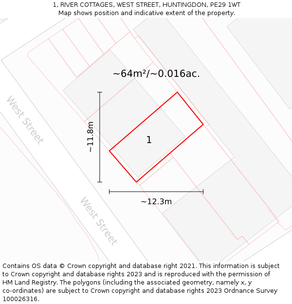 1, RIVER COTTAGES, WEST STREET, HUNTINGDON, PE29 1WT: Plot and title map