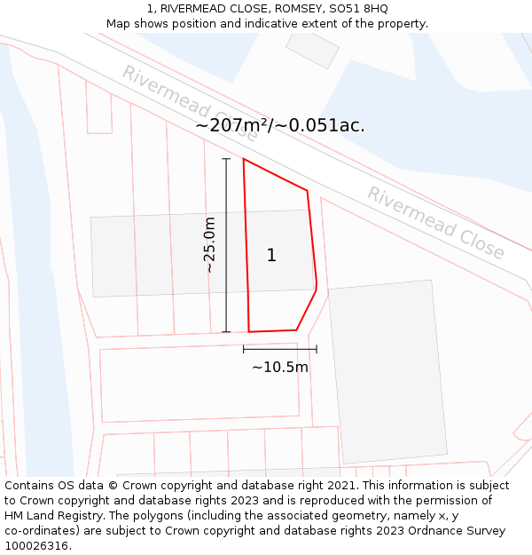 1, RIVERMEAD CLOSE, ROMSEY, SO51 8HQ: Plot and title map