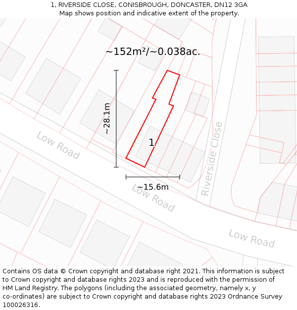1, RIVERSIDE CLOSE, CONISBROUGH, DONCASTER, DN12 3GA: Plot and title map