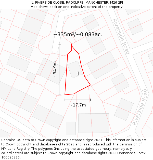 1, RIVERSIDE CLOSE, RADCLIFFE, MANCHESTER, M26 2PJ: Plot and title map