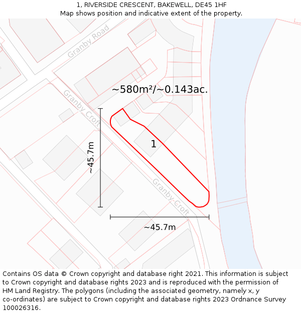 1, RIVERSIDE CRESCENT, BAKEWELL, DE45 1HF: Plot and title map