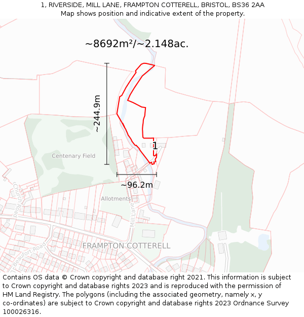 1, RIVERSIDE, MILL LANE, FRAMPTON COTTERELL, BRISTOL, BS36 2AA: Plot and title map